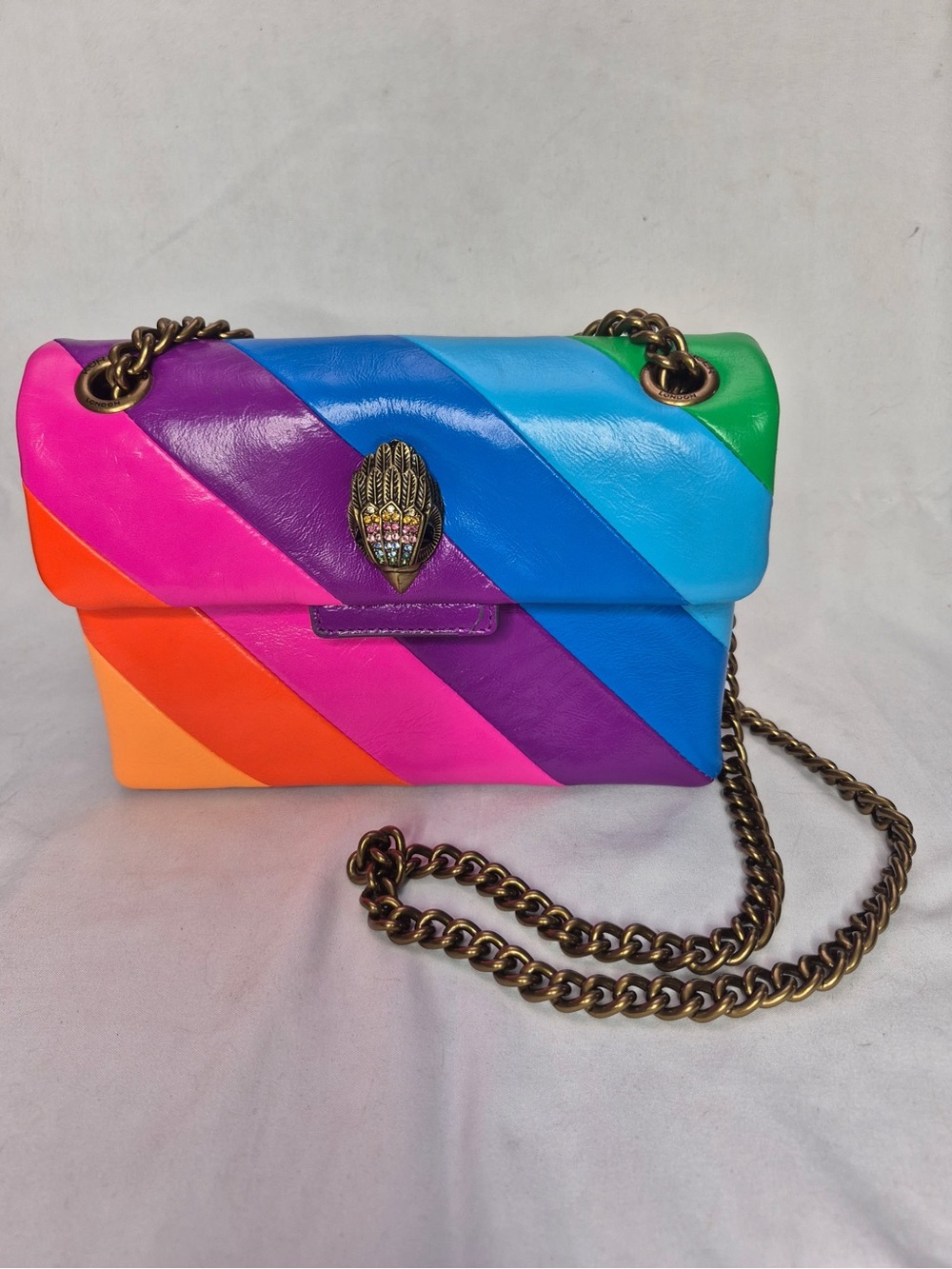Kurt Geiger Rainbow Diagonal Stripe Leather Shoulder Bag with Gold Chain